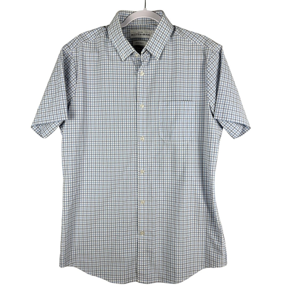 Mizzen+Main Mens M Button Down Shirt Blue Plaid Performance Leeward Trim‎ Fit